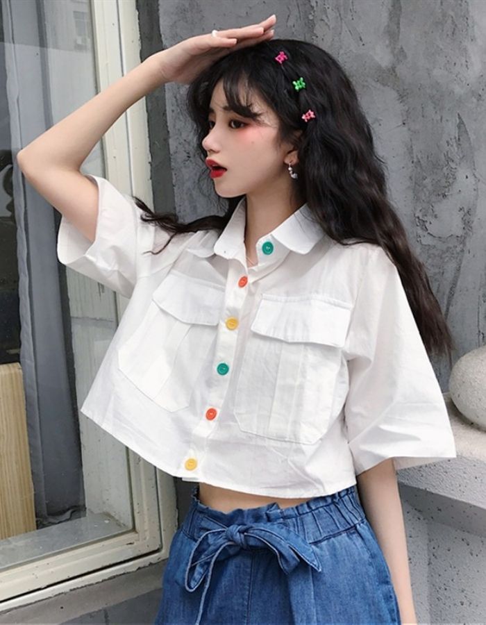 Hình ảnh áo sơ mi nữ croptop tay ngắn